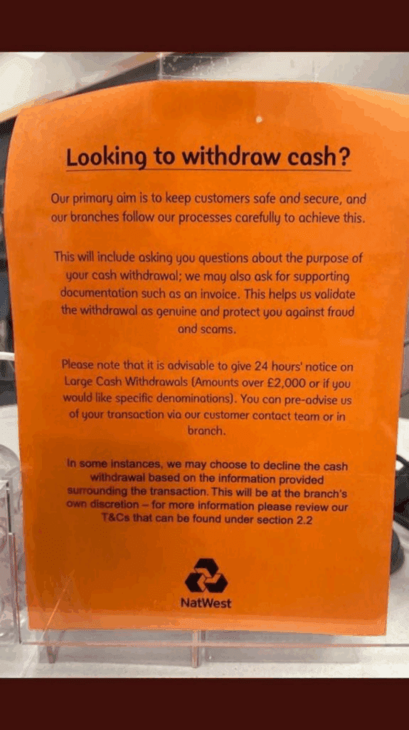 Orange Letter Showing Nat West Bank's Terms Of Withdrawals