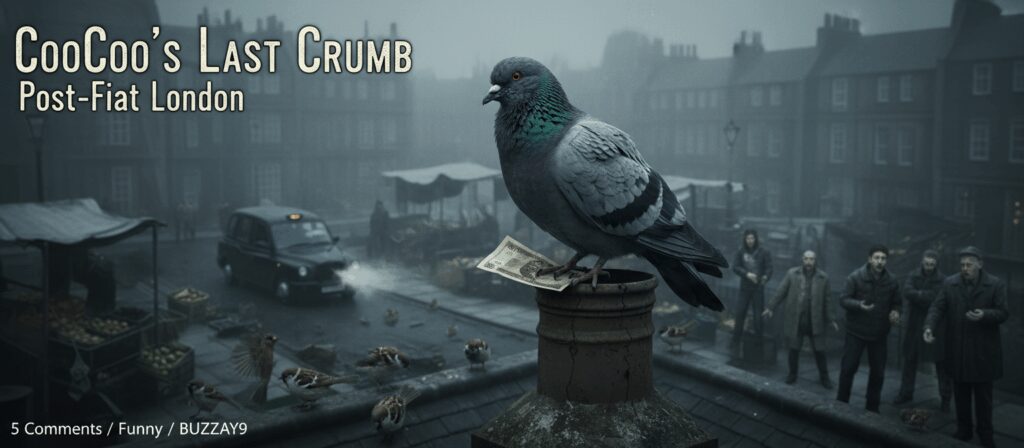 Coocoo’s Last Crumb: A Pigeon’s Perilous Predicament in Post-Fiat London. Greetings, featherless bipeds! My name is Coocoo, and I am, or rather, was, a connoisseur of the finer things in London life. My days were a symphony of discerning discarded chips, artfully dodging double-deckers, and, most importantly, orchestrating the acquisition of those glorious, crinkly green rectangles and shimmering metallic discs you humans so carelessly shed.