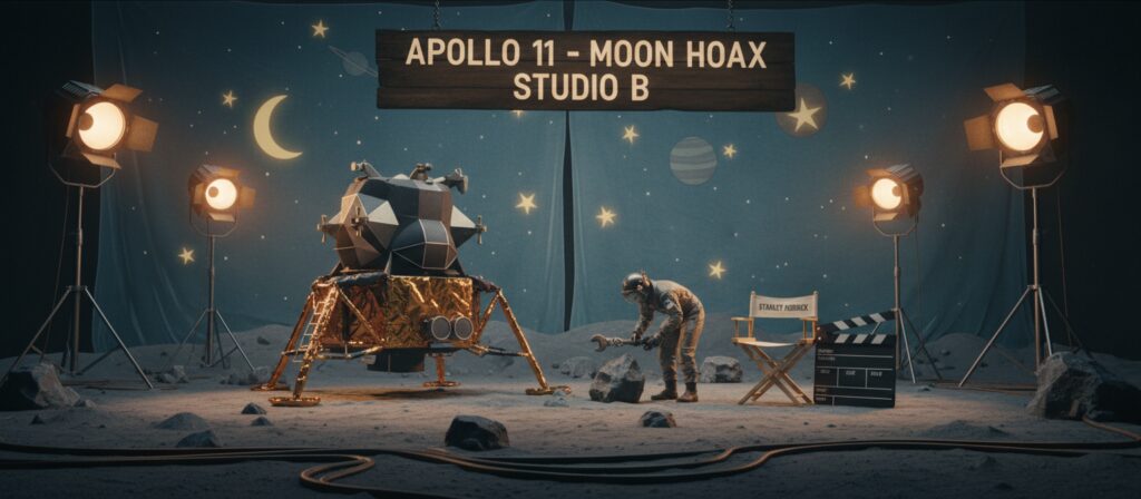 a film set for a moon landing. In the foreground, a detailed replica of the Apollo 11 Lunar Module sits on a dusty, rocky 'lunar' landscape, but visible behind it are clear signs of a studio