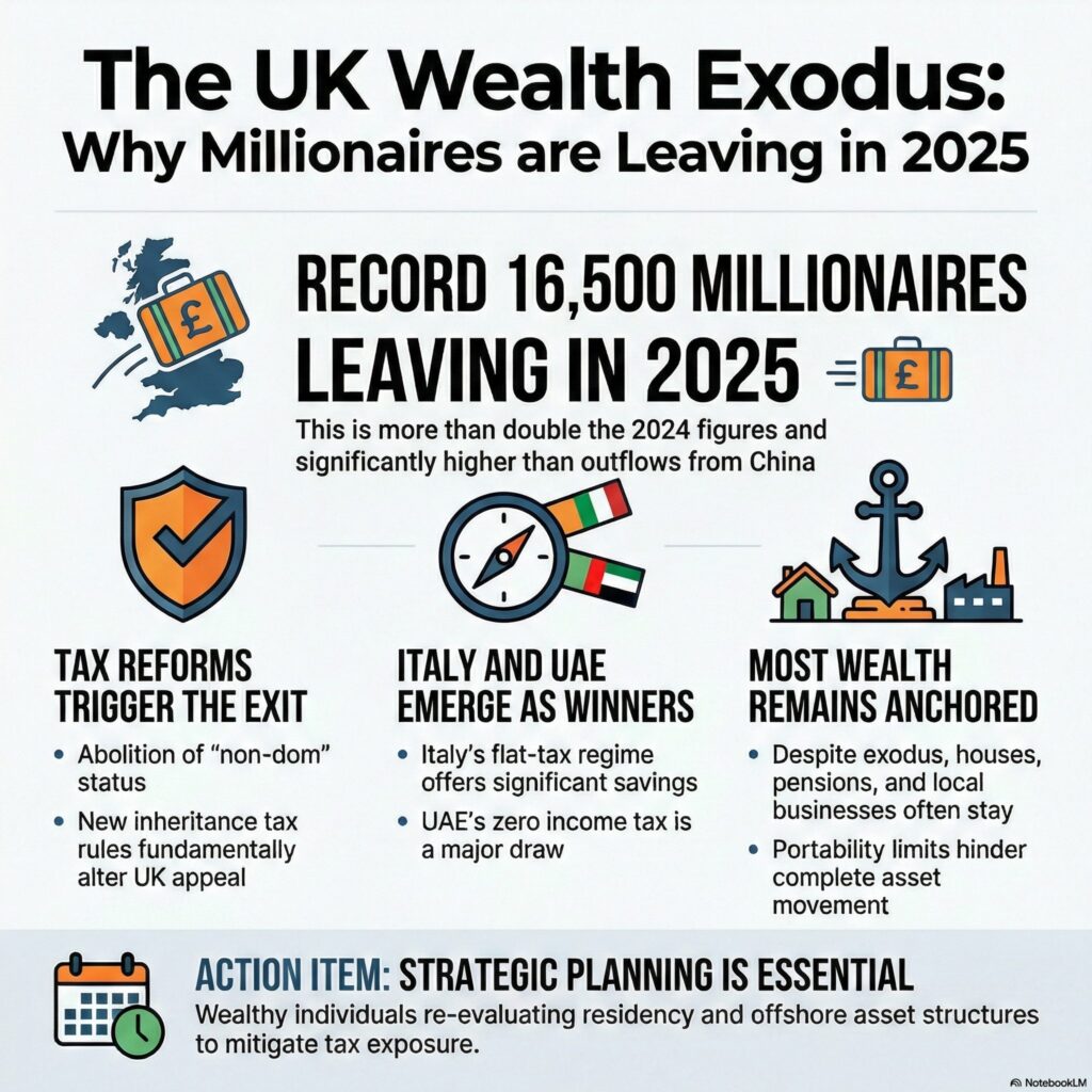 The UK is currently experiencing a historic wealth drain, with an estimated record outflow of 16,500 high-net-worth individuals (HNWIs) in 2025. This marks the steepest net loss of millionaires ever recorded for any country, more than double the number expected to leave China. The primary catalysts for this "WEXIT" are the formal abolition of non-domicile status and inheritance tax reforms enacted in April 2025, alongside significant tax hikes on capital gains and corporate profits. Drivers and Destinations Wealthy individuals are increasingly seeking jurisdictions that offer fiscal predictability, privacy, and long-term growth. The United Arab Emirates (UAE), particularly Dubai, remains a top destination due to its zero personal income tax, world-class infrastructure, and successful "Golden Visa" program. Italy has also emerged as a major competitor, attracting millionaires through a flat tax regime that caps foreign income tax at €100,000 to €300,000 per year. Other favored hubs include Switzerland, noted for its political neutrality and lump-sum taxation, and tax-friendly US states like Florida and Texas. Economic Implications The projected loss of £66 billion in liquid assets in 2025 alone carries wide-ranging consequences. Analysts warn of a potential cooling in the luxury property market, diminished tax revenues, and reduced participation in private equity and domestic investment funds, which could ultimately strain the funding of public services. However, some critics argue the threat is exaggerated, noting that much of the wealth of the top 1%—such as property and pensions—is fixed in the UK and cannot be easily moved abroad. Conflicting Perspectives The severity of the situation is a matter of intense debate. • The "Flight" Narrative: Financial advisors report a dramatic acceleration in relocation planning, suggesting that the very wealthiest "investors" are leaving, a demographic often missed by HMRC payroll data. • The "Attachment" Narrative: Qualitative research suggests many HNWIs feel a powerful stigma against tax migration and remain deeply tied to London’s unique cultural infrastructure, private schools, and social networks. Safety and Lifestyle Factors Beyond taxation, lifestyle factors are influencing migration. Some high-profile residents have abandoned luxury penthouses in areas like Knightsbridge due to rising safety concerns and high-profile robberies. The UK is currently experiencing a historic wealth drain, with an estimated record outflow of 16,500 high-net-worth individuals (HNWIs) in 2025.