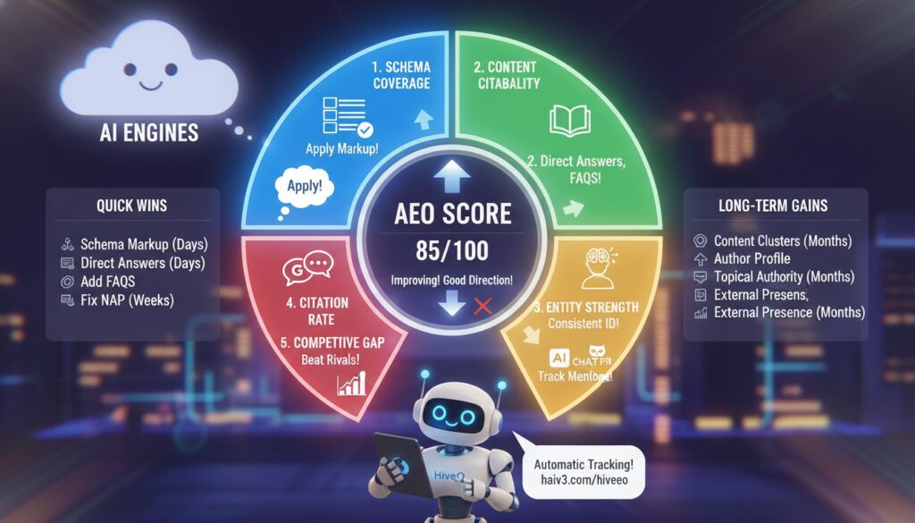 AEO Score Explained: What It Measures and How to Improve It An AEO Score is a single number that summarises how well your site is positioned for AI citation
